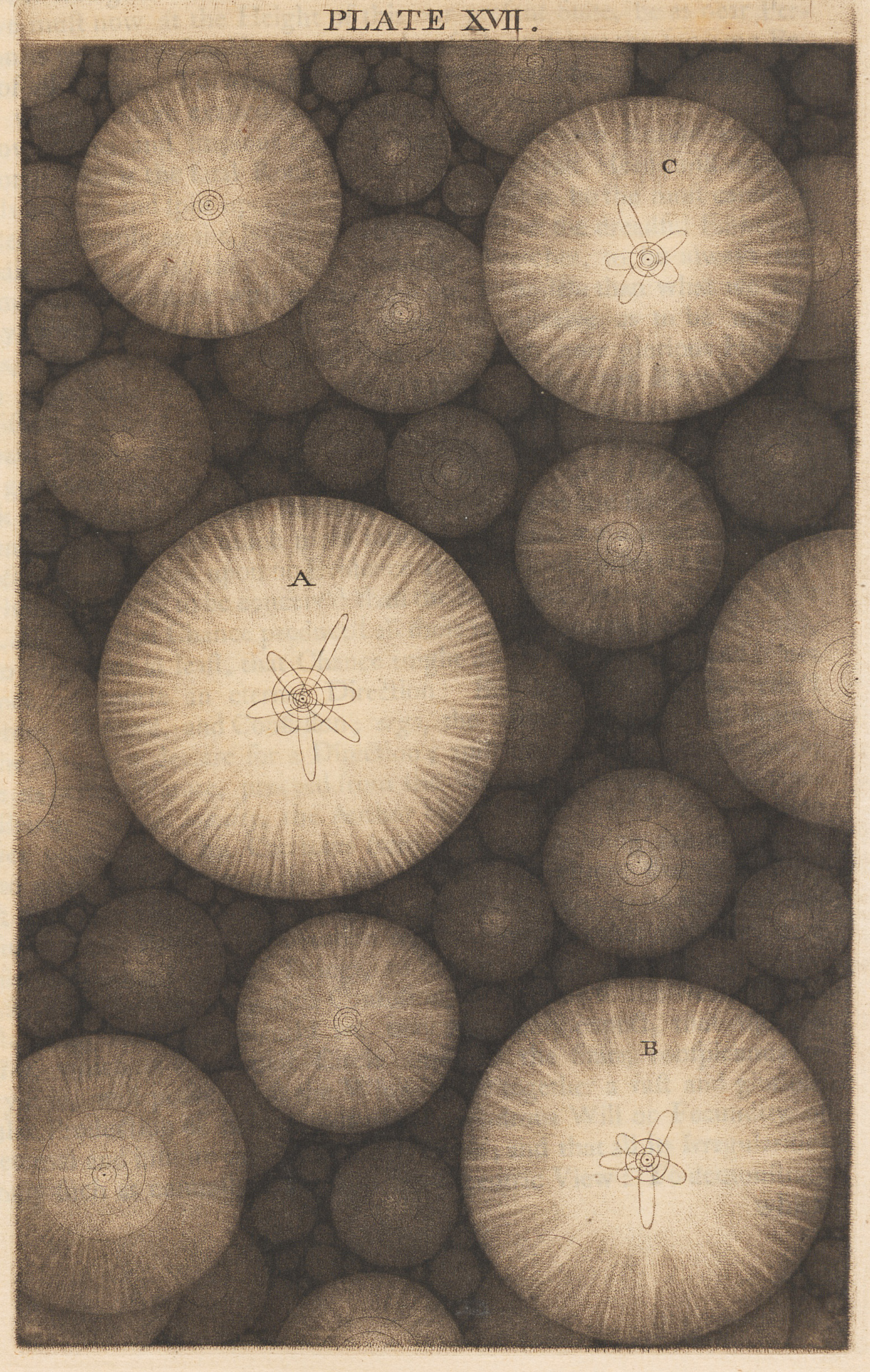 Engraving of over fifty spherical planetary systems in 3D, each containing a star, circular planetary orbits, and elliptical cometary orbits.
