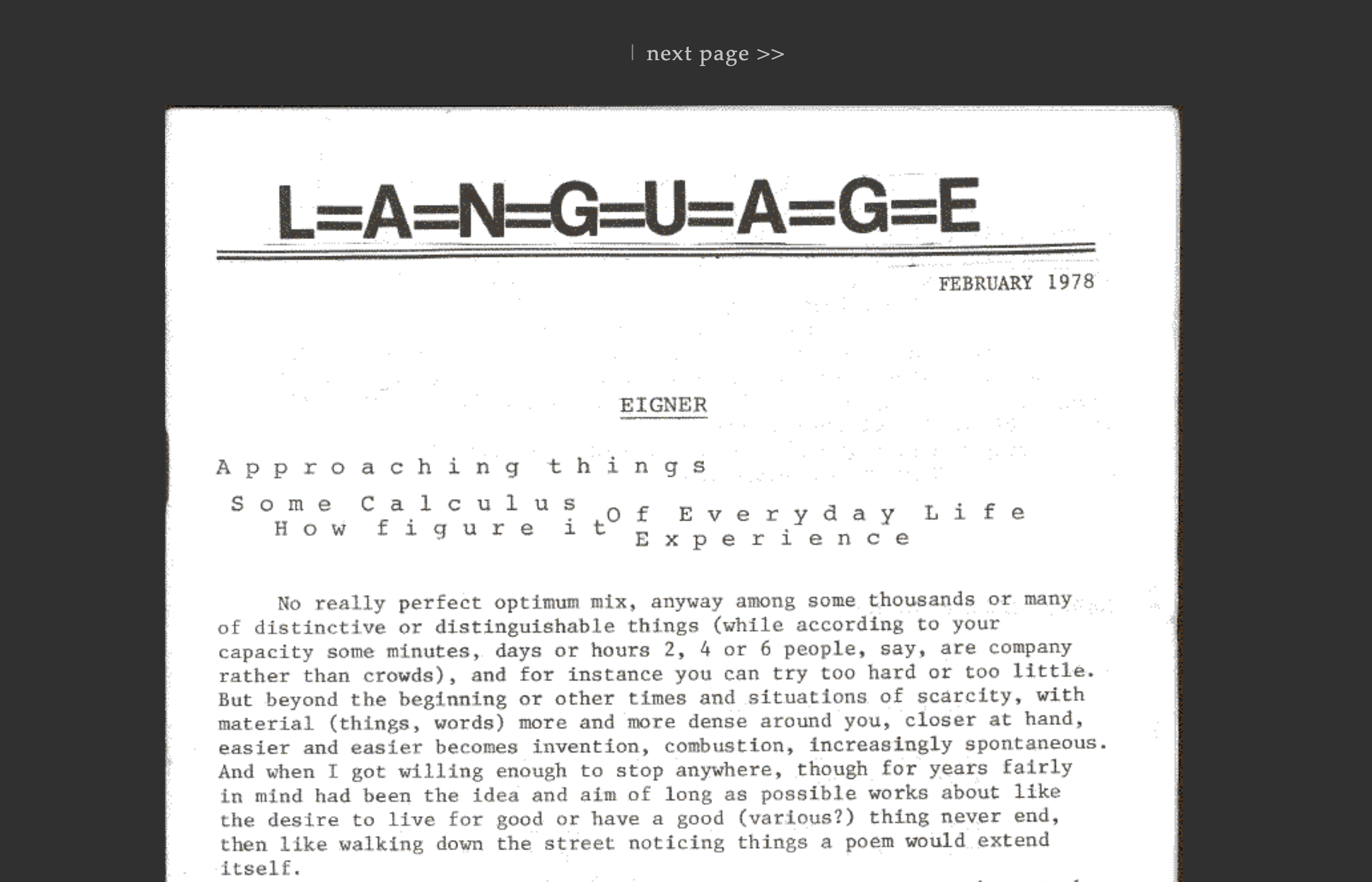 Eclipse embed of the cover of the first issue of L=A=N=G=U=A=G=E magazine (February 1978), featuring a poetic opening essay by Larry Eigner.