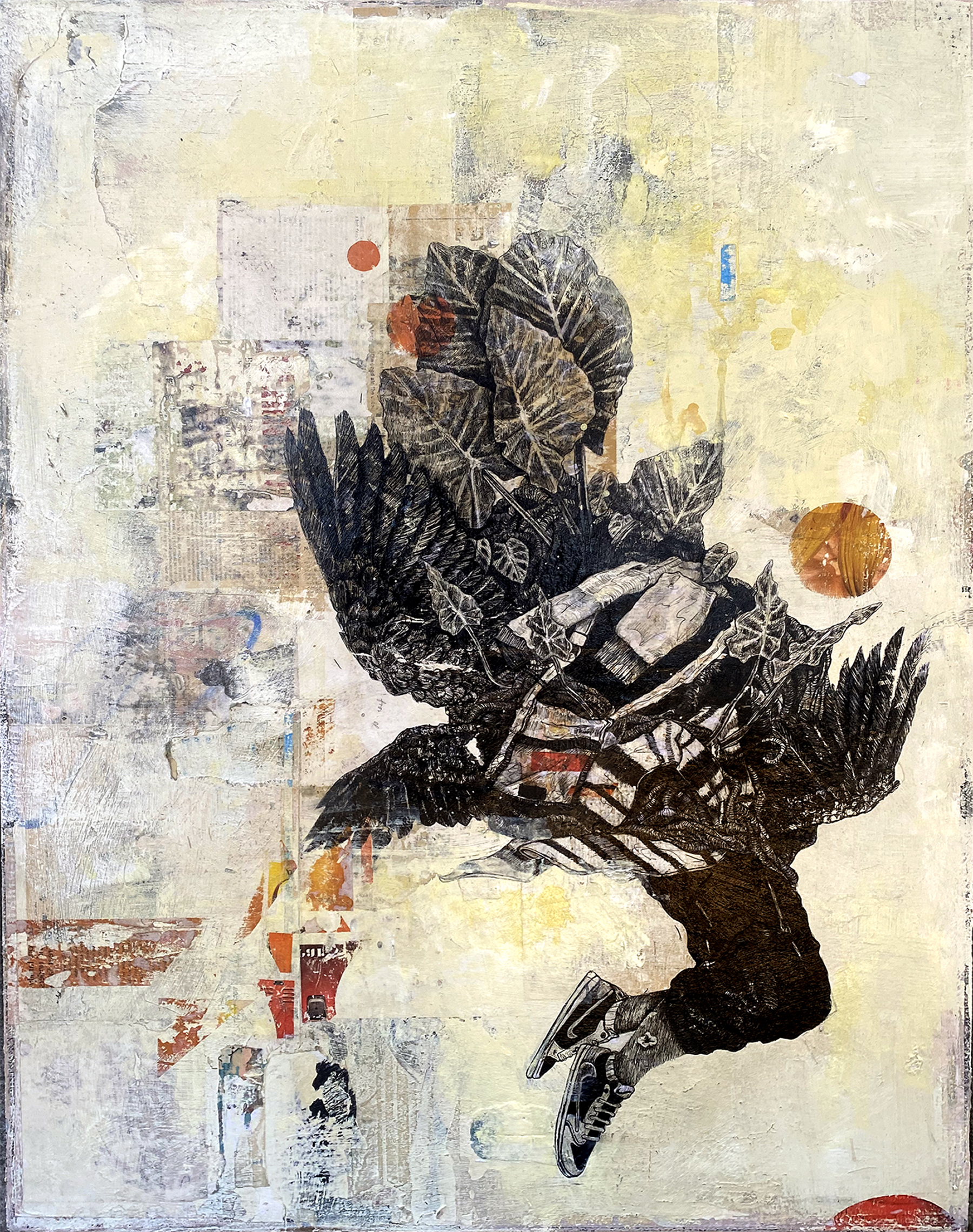 A black and white figure comprised of leaves, feathers and fabric above the waist, and black trousers and trainers is suspended mid-air on a pale yellow background, through which orange and red coloured forms can be seen.