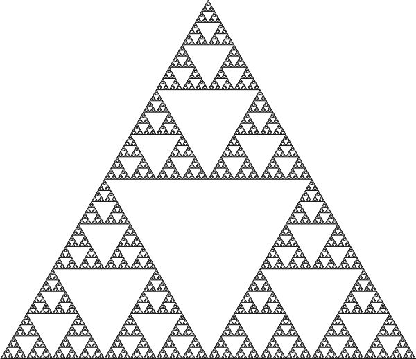 A line diagram of an equilateral triangle fractal, where each triangle is iteratively divided into four triangles and the central triangle is removed.