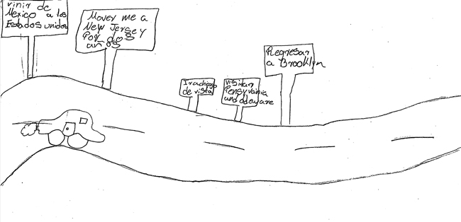 A pencil drawing of a landscape showing city buildings beside suburban houses.
