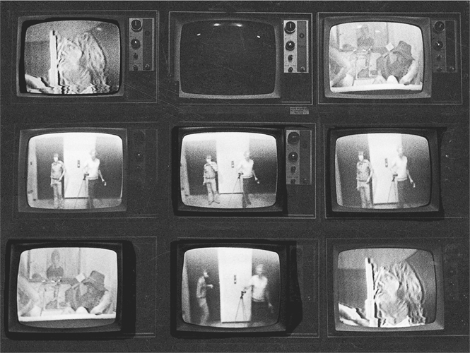 A photograph of 3 rows having 3 ancient televisions in each row. Each has a longitudinal row of adjusting buttons to the right. Except for the second television, everything else has pictures on them.