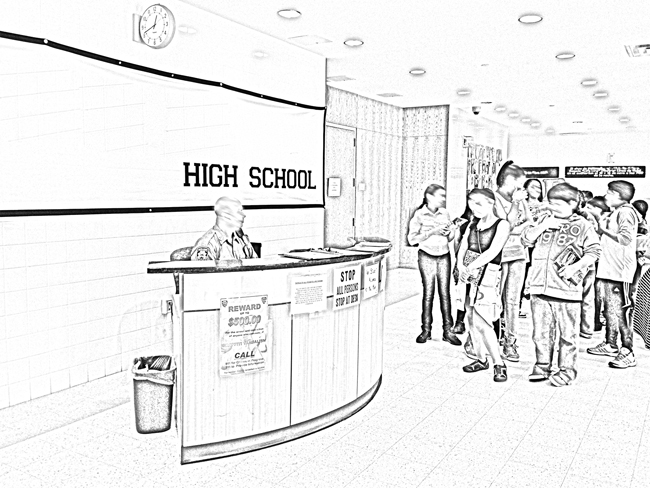 The fifth graders stand near the safety officer’s desk. Signs read STOP ALL PERSONS and REWARD $500.00. Aurora looks down and clutches her notebook.