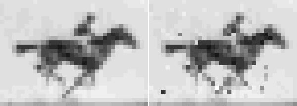 A highly pixelated image of a horse, topped by a rider, in motion on the left. On the right the same image with slightly more pixelation.