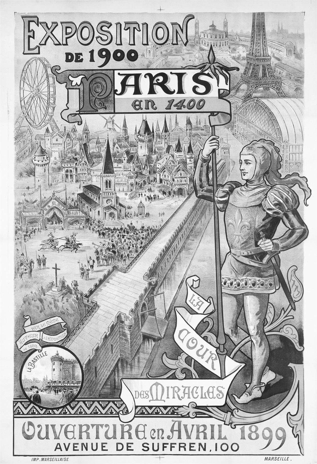 A poster of 1900 exhibition. It has a cartoon of a soldier standing by holding a flag labeled, Paris 1400.
