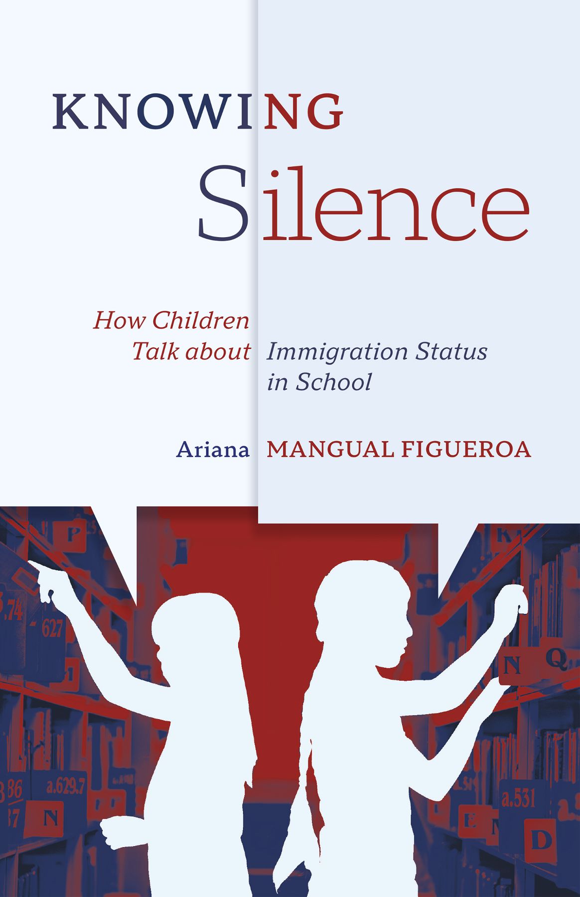 Blue cutout silhouettes of two students among shelves in a red-hued library below. Title and author name divided between two speech bubbles above.