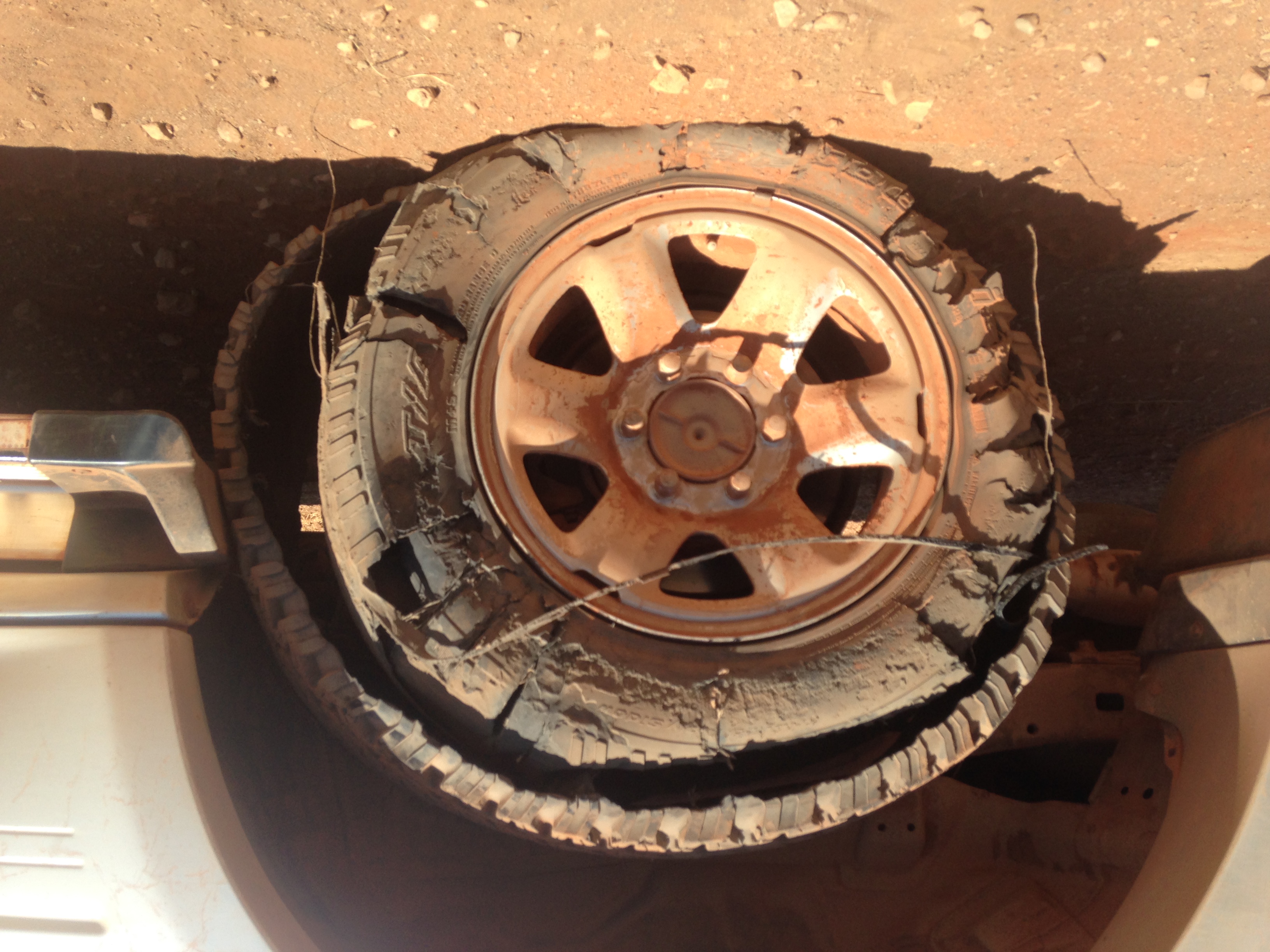 Close-up shot of a troopy tire in which the outer tread has been completely ripped off of the rubber sidewalls.