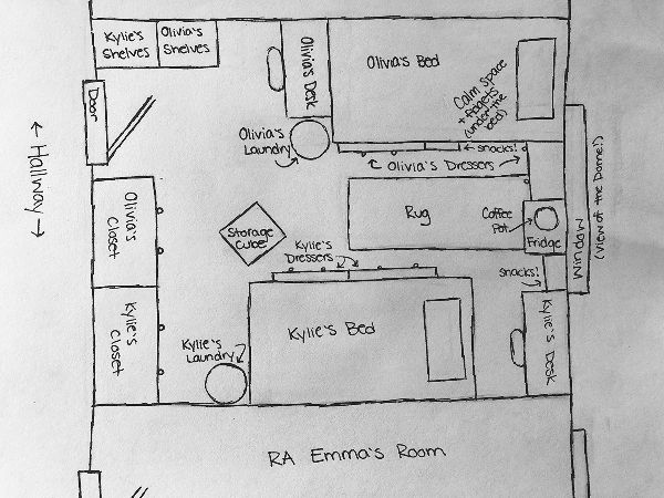 Hand-drawn map of Kylie and Olivia’s dorm room showing placement of shelves, desks, beds, dressers, “Calm Space,” closets, and other items.