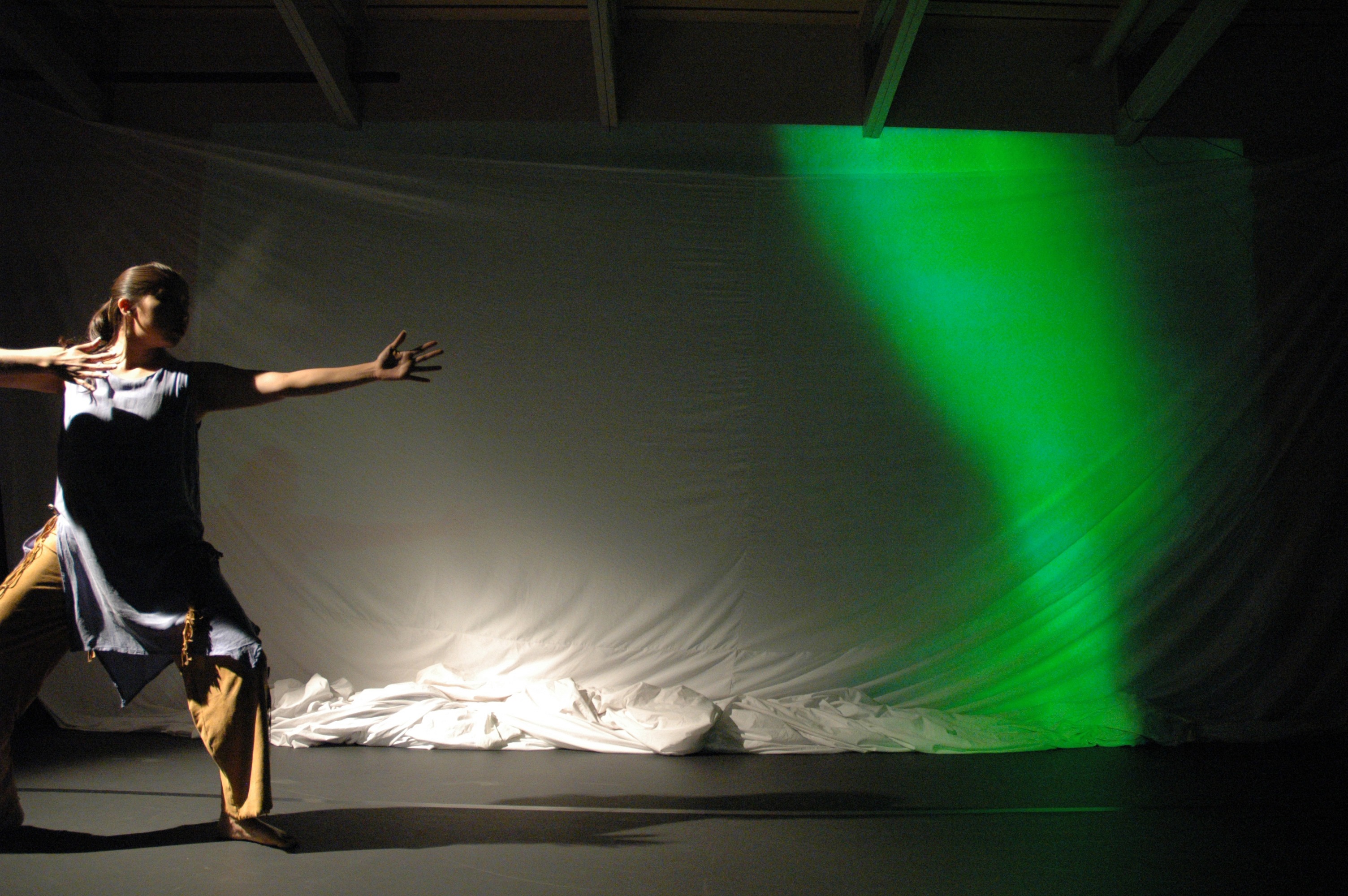 Performer on stage, knees slightly bent, arms lifted to shoulders, one arm extends straight away from the body to the right, in the direction of the performer’s focus, the other arm bends at the elbow so both hands point away from the perform in the same direction, fingers extended.