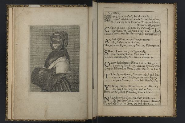 Two page spread, on the left a masked and hooded woman with her hands in a muff; on the right a page of text.