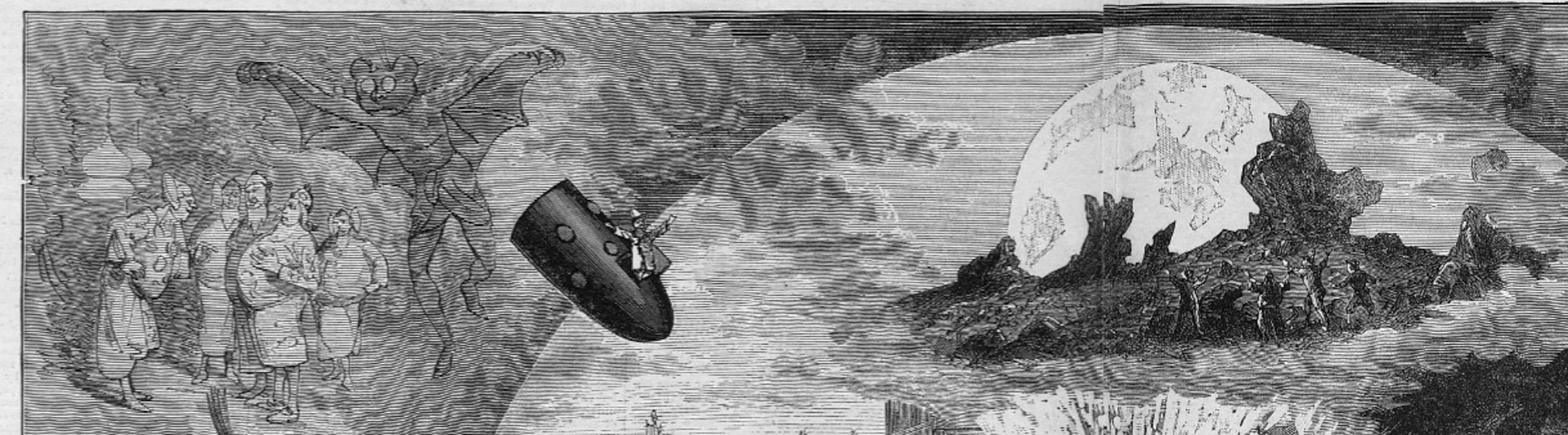 Detail of a large poster showing Selenites, a bat-like humanoid, a bullet-shaped spacecraft, and a moonscape with rising Earth.