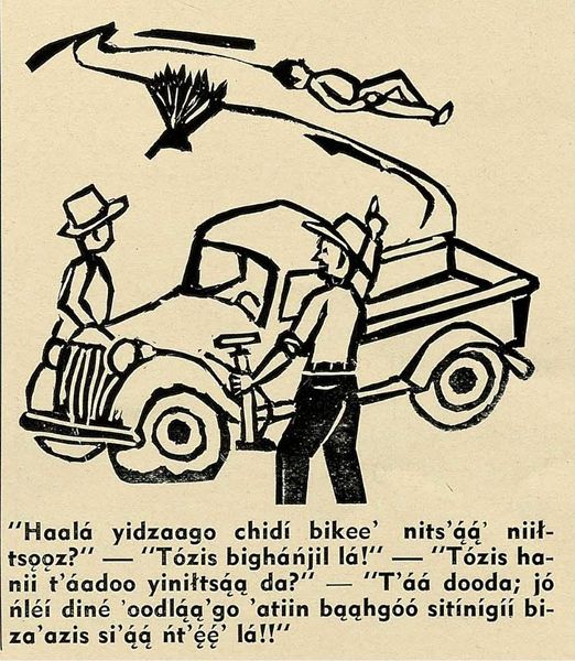 A cartoon in the style of a woodcut, with two men next to a truck, one of whom gestures at a third man supine by the side of the road.