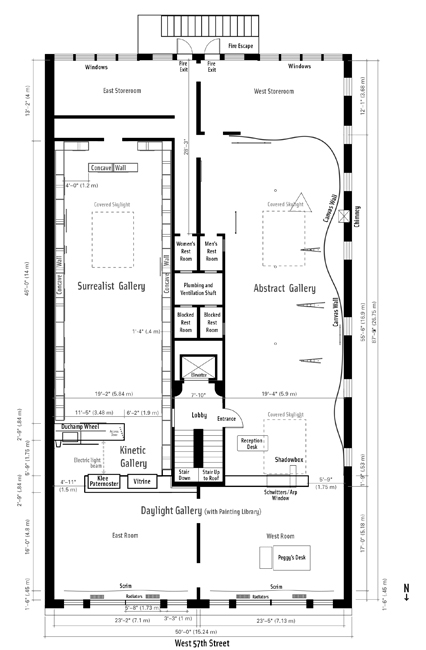 The exhibit presents Don Quaintance’s reconstructed plan of Frederick Kiesler’s Art of This Century gallery in New York.