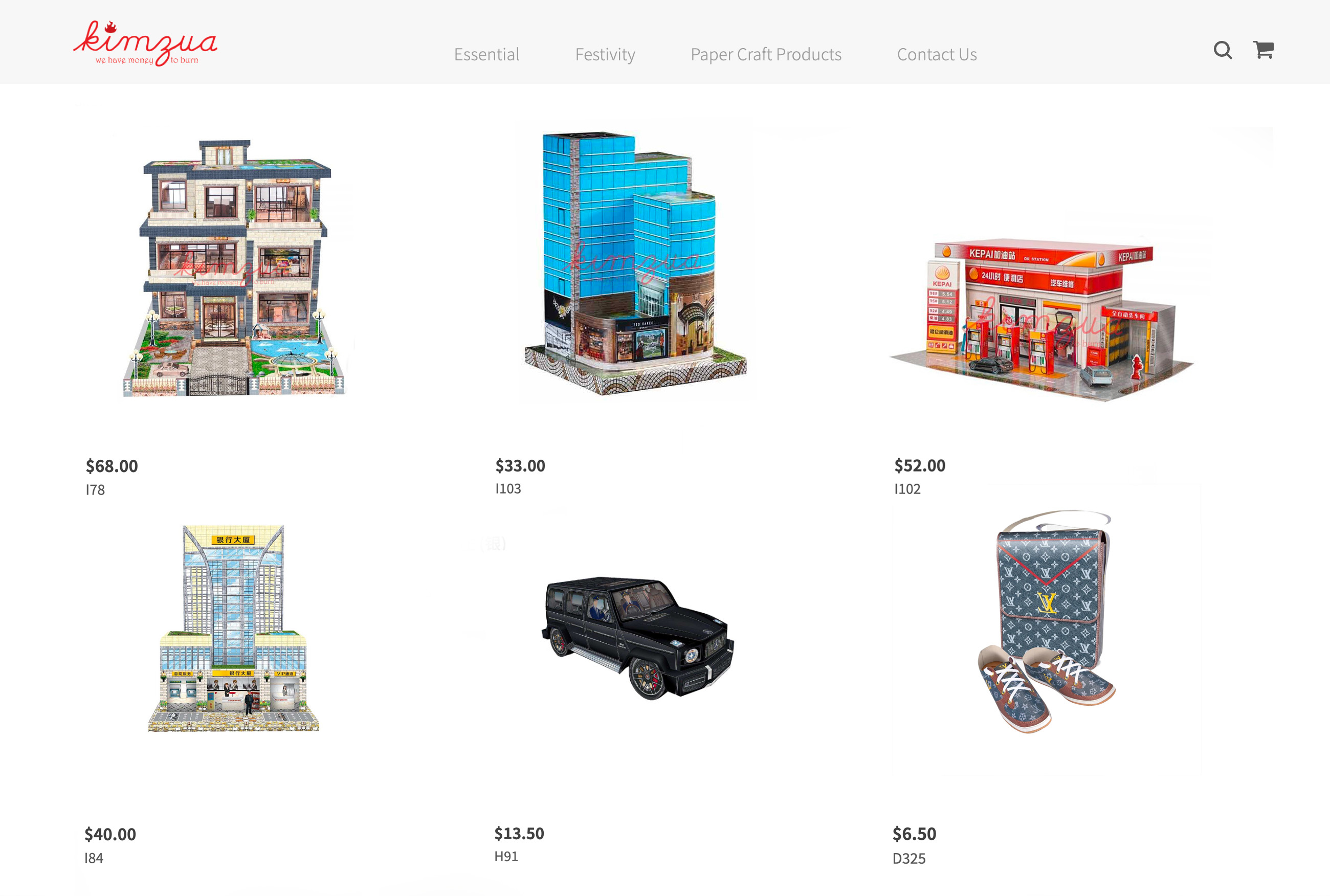 A retail website shows paper models of objects for the dead. There are several buildings, an SUV, and branded fashion goods.