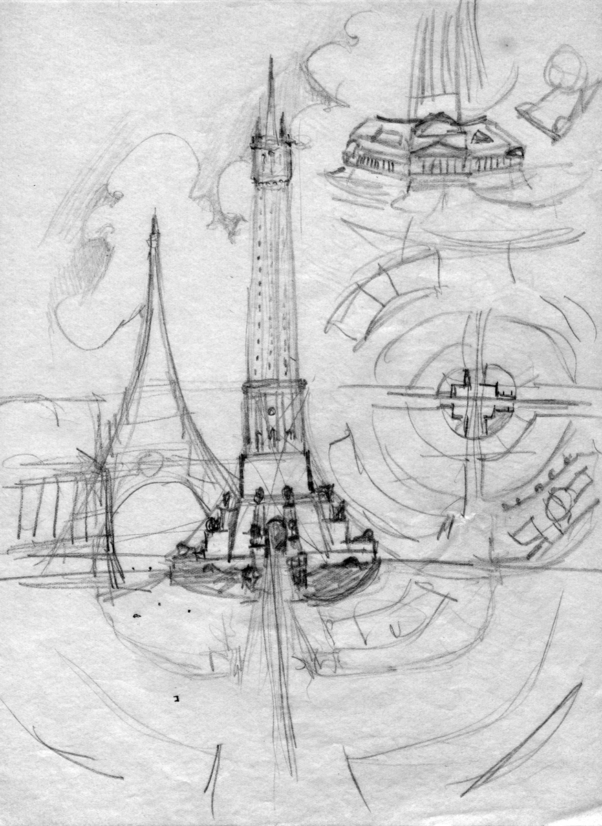 Sketch of minaret-like tower in front of an abstracted triangular tower and a circular placement plan.
