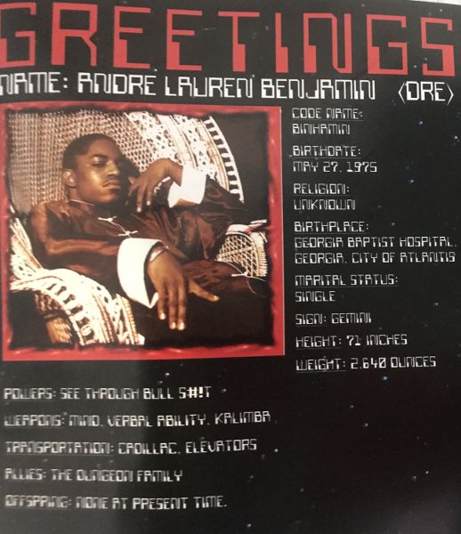 Track listing in a stylized arcade/video game font, evocotive of the 1980s, with an image of André 3000 sitting in a large chair.