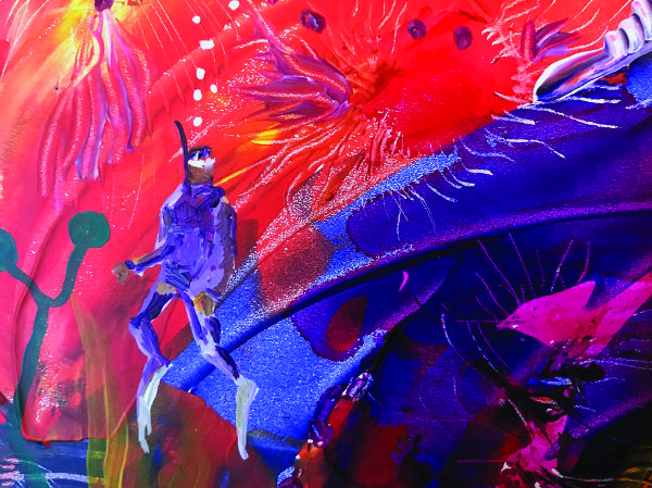 Painting of an aquatic scene using primarily red and blues; an abstract diver is prominent in the foreground.