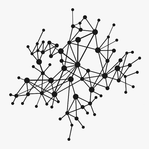 A drawing of a simple network, with nodes depicted as black circles of various sizes and relationships as lines between them