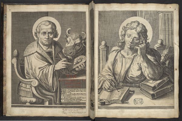 Two inked drawings of men seated at desks, writing; each has a halo. There is an ox beside the man in the first panel