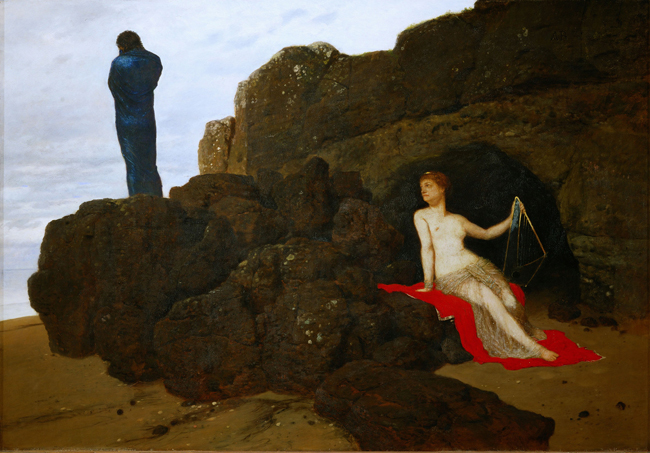 The painting depicts Odysseus on a rocky cliff, with Calypso behind him, holding a pomegranate.