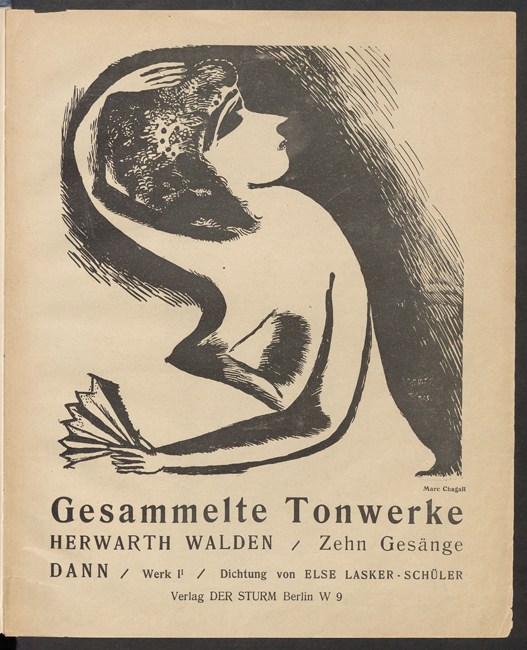 The exhibit displays the cover “Shoes Gesammelte Tonwerke” by Herwarth Walden and “Zehn Gesänge” by DANN with poetry by Else Lasker-Schüler, published by Verlag DER STURM in Berlin W 9. The poster features an abstract illustration of a woman holding a hand fan.