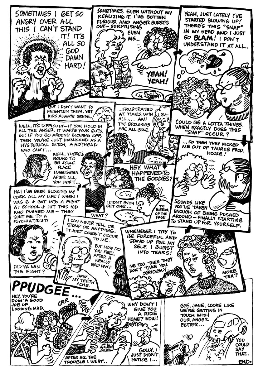 Another spiraled page layout of a consciousness-raising session that Pudge attends where the women discuss their anger.