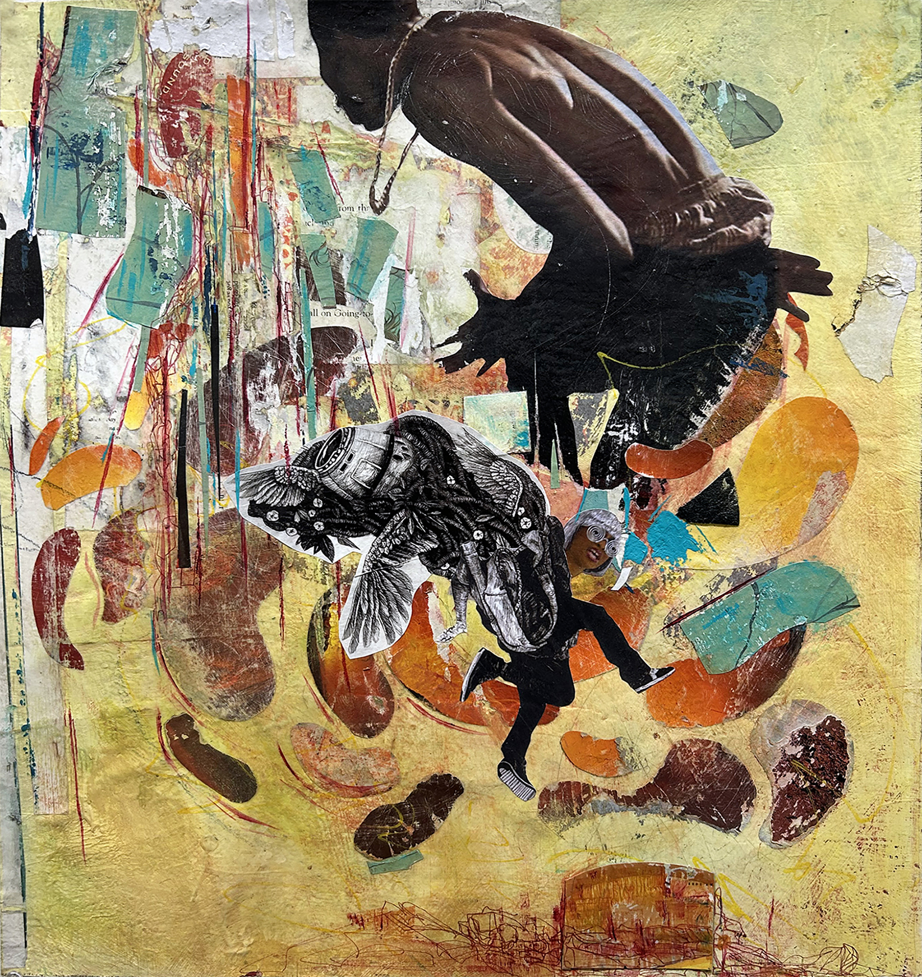 Collaged fragments, including a Black man; a smaller Black woman wearing glasses; and a black and white hybrid object appear on top of a yellow background, with curved shapes and vertical lines on the upper left corner.