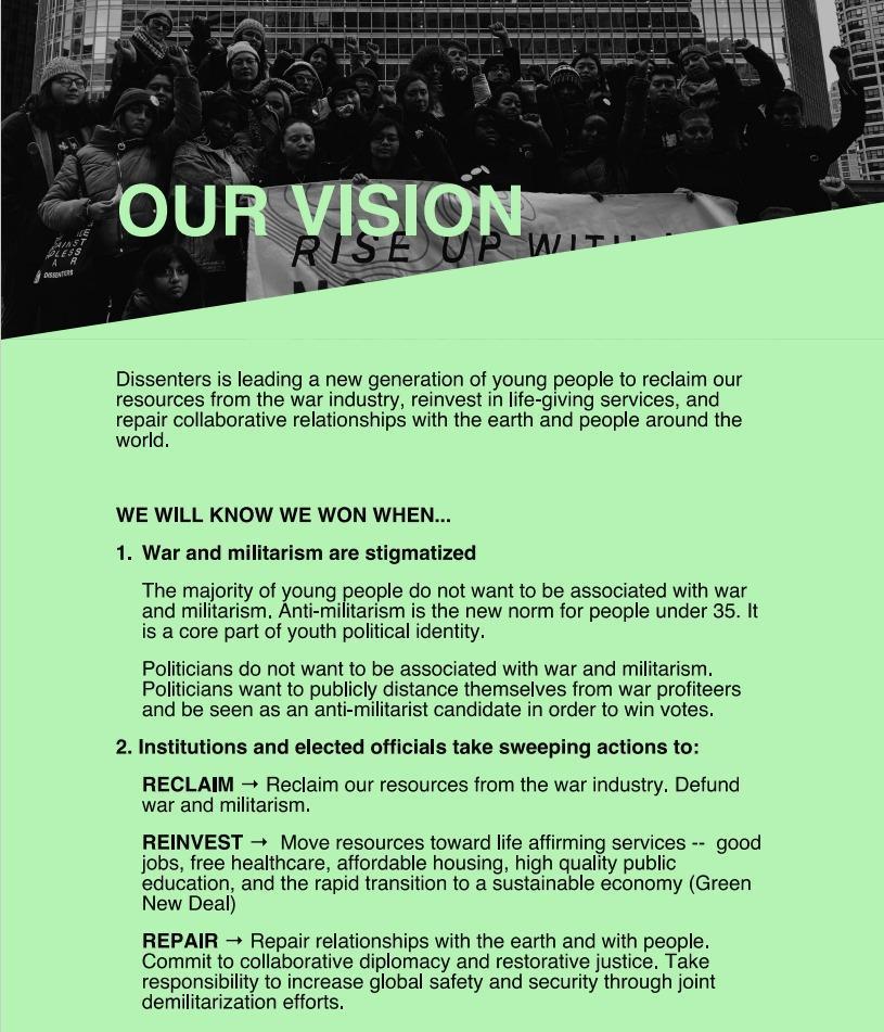 At top, light green title says “Our Vision” against a background of black and white Dissenters leaders; below, our vision statement as written in the paragraphs above, against a light green background.