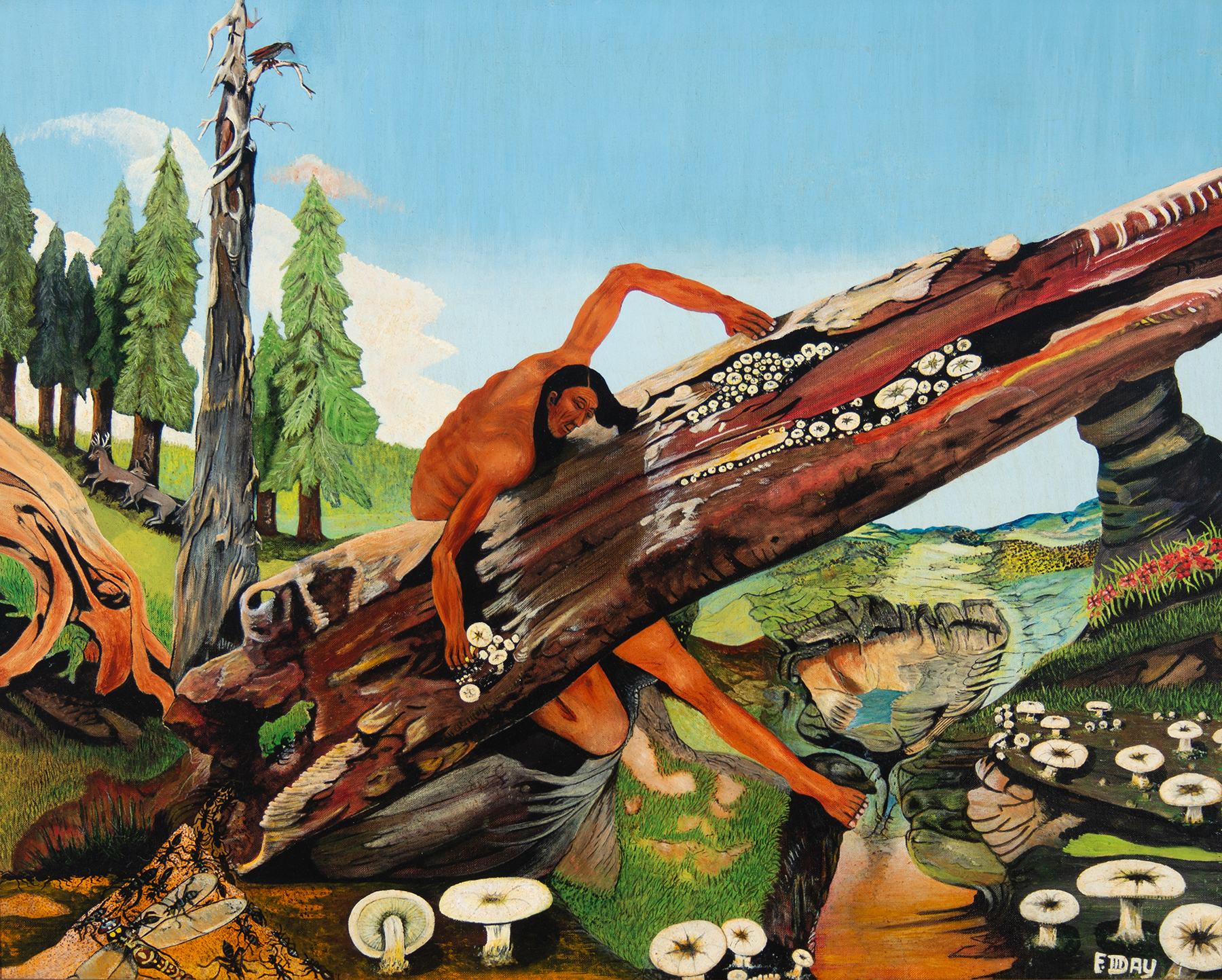Vibrant painting of a Native American man reaching over a fallen tree trunk to collect mushrooms.