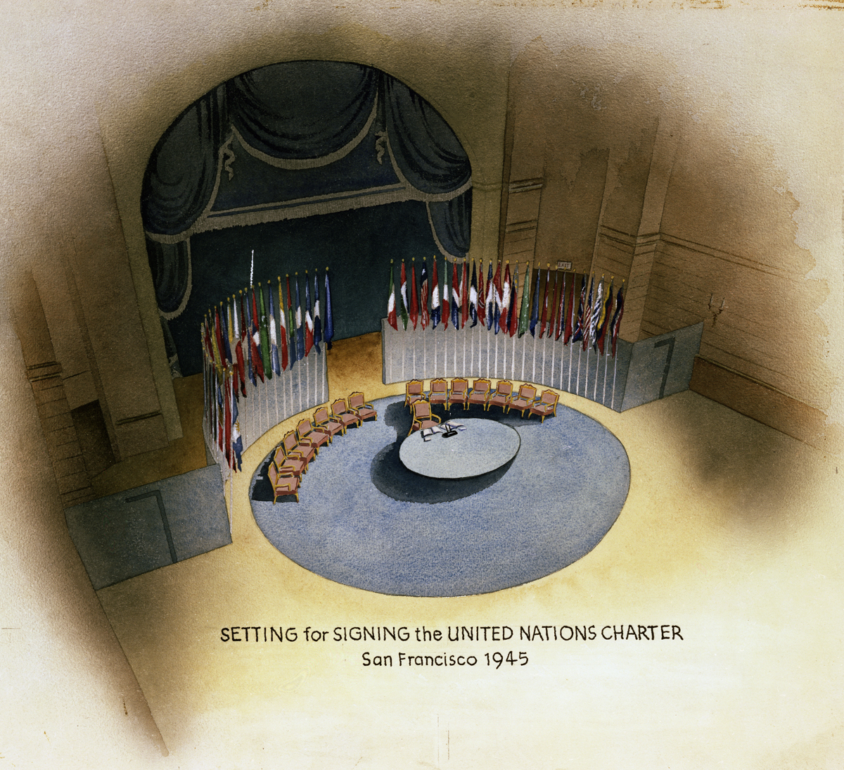 Rendering of empty round table on round carpet with chairs and flags surrounding it, labeled “Setting for Signing the United Nations Charter.”