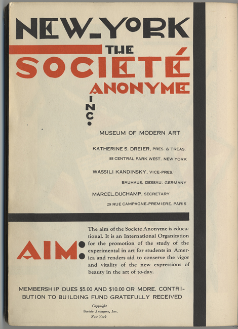 The exhibit displays an advertisement for the Société Anonyme, Inc., featuring details such as its mission, key members, and the aim of promoting the study of experimental art while aiding in conserving the vitality of contemporary artistic expressions. Membership dues and contributions to the building fund are encouraged.