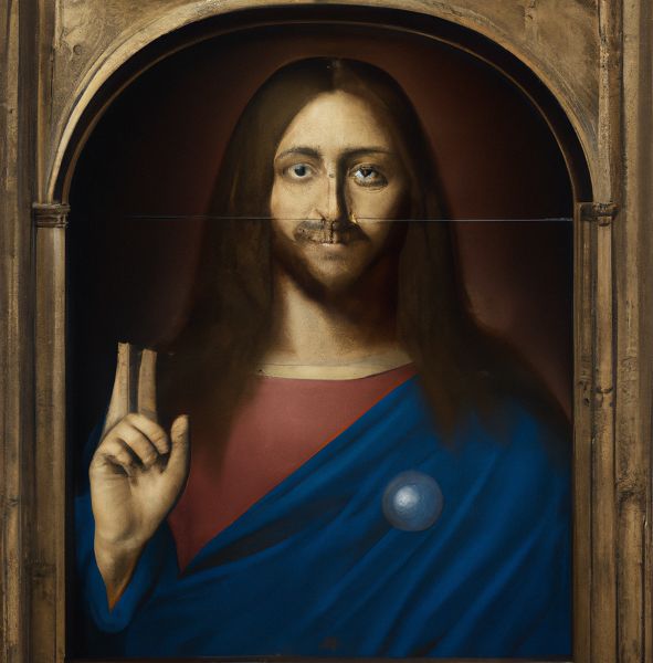 A small floating bubble in front of a smiling Jesus, afflicted with strabismus, and raising two fingers, whose tips are missing.