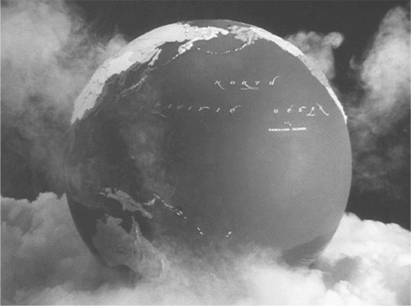 The exhibit displays a scene from “Casablanca” featuring a globe with the Hawaiian Islands identified.