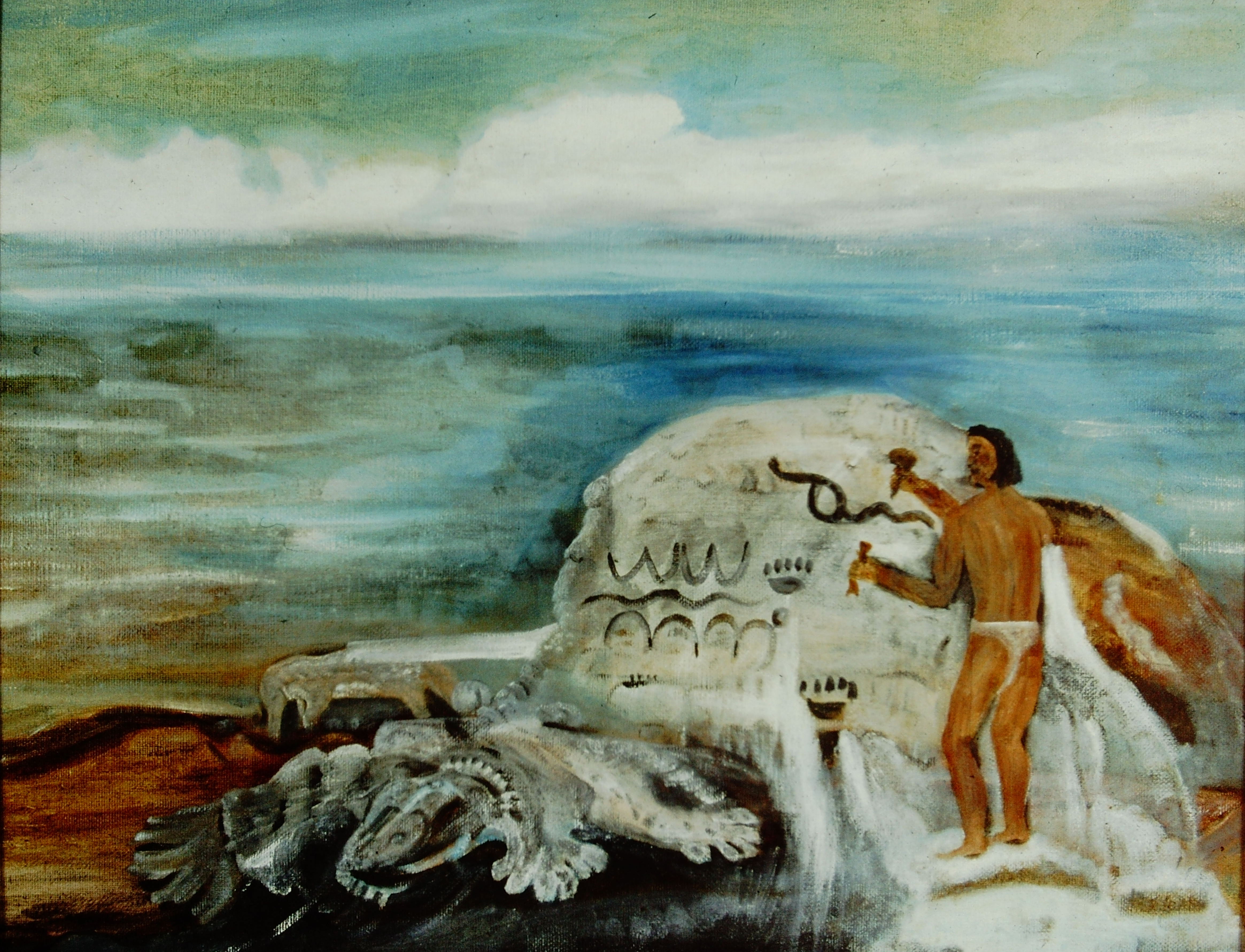 Vibrant painting of a Native American man using an instrument to carve symbols into a rock.