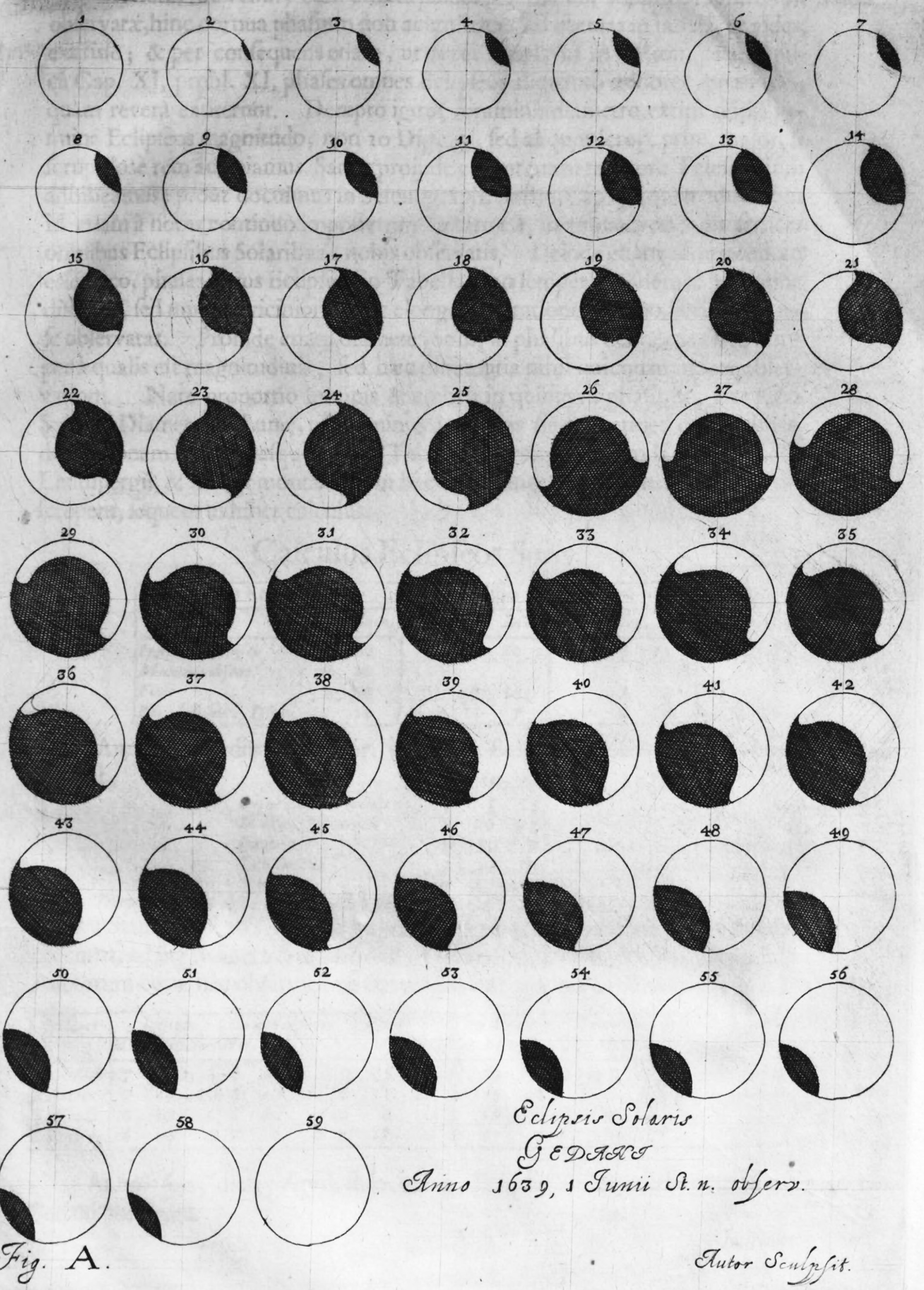 Engraving of a partial solar eclipse showing a grid of fifty-nine Sun disks progressively covered and uncovered by the dark Moon.