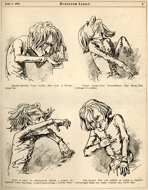 The exhibit features four illustrations of men playing the piano, accompanied by text in Hungarian.