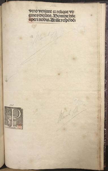 The same letterform from the previous image on a blank page; the top of the page has three lines of text pasted to it from another source.
