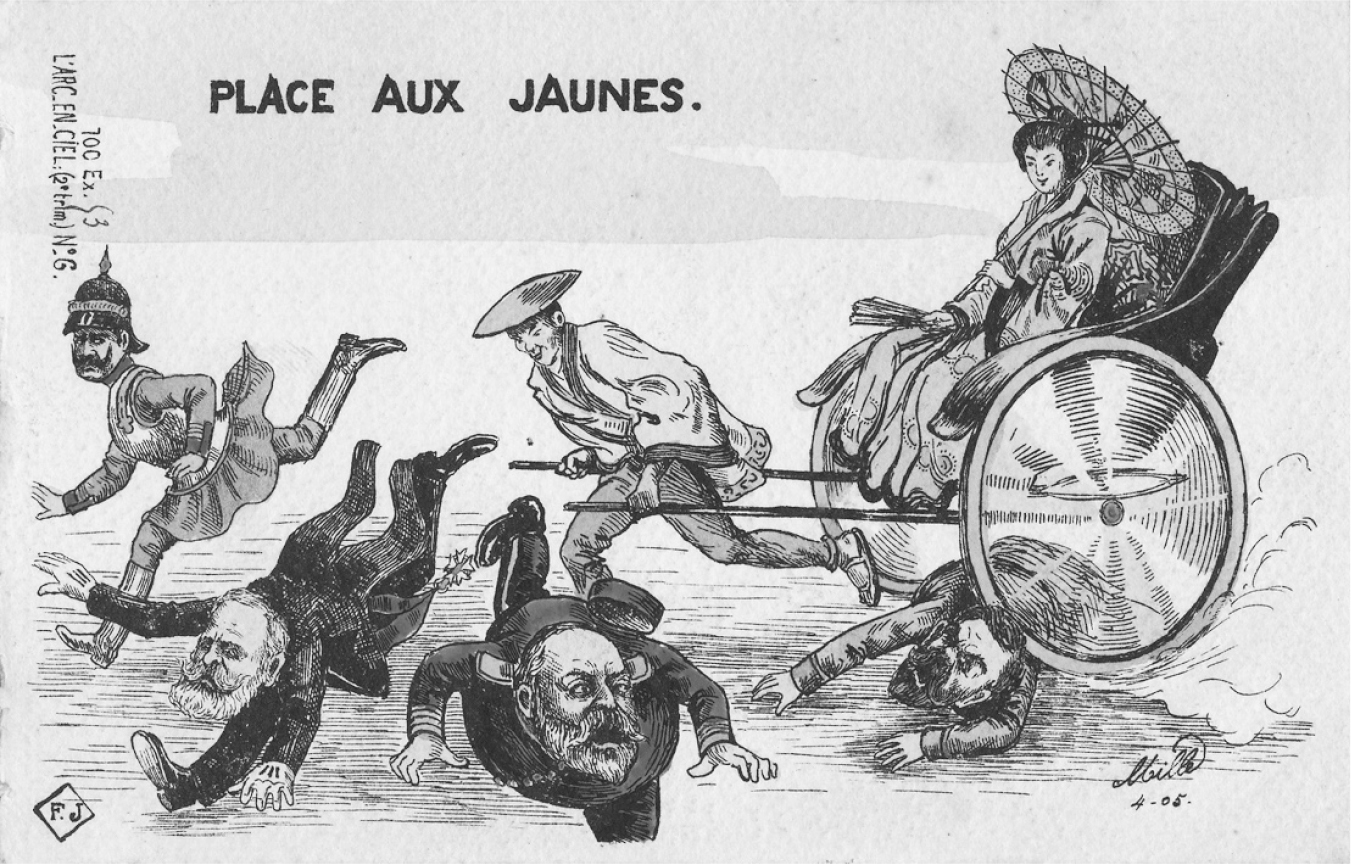 A postcard of Place Aux Jaunes from 1995. A man is pulling a caravan in which is a lady with an umbrella seated on. Few men on the path are seen to be pushed and trampled on by the caravan.