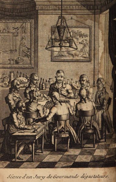 Ink drawing of eight men sitting around a circular table; before them, seated at a desk, is a solitary man taking notes