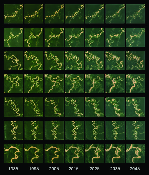 A 7x7 grid of tiles labeled below every decade from 1985 to 2045. Each grid has a meandering line on top of a green background.