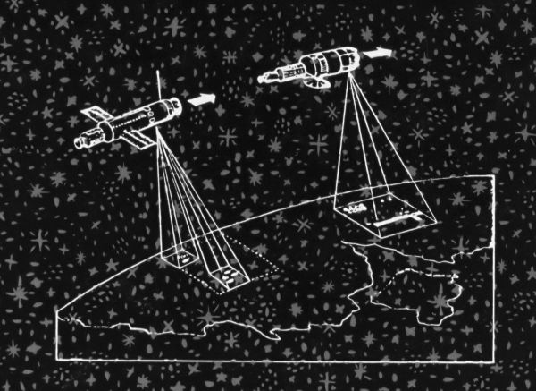 A line drawing of two moving observation satellites on a black background filled with shining stars.