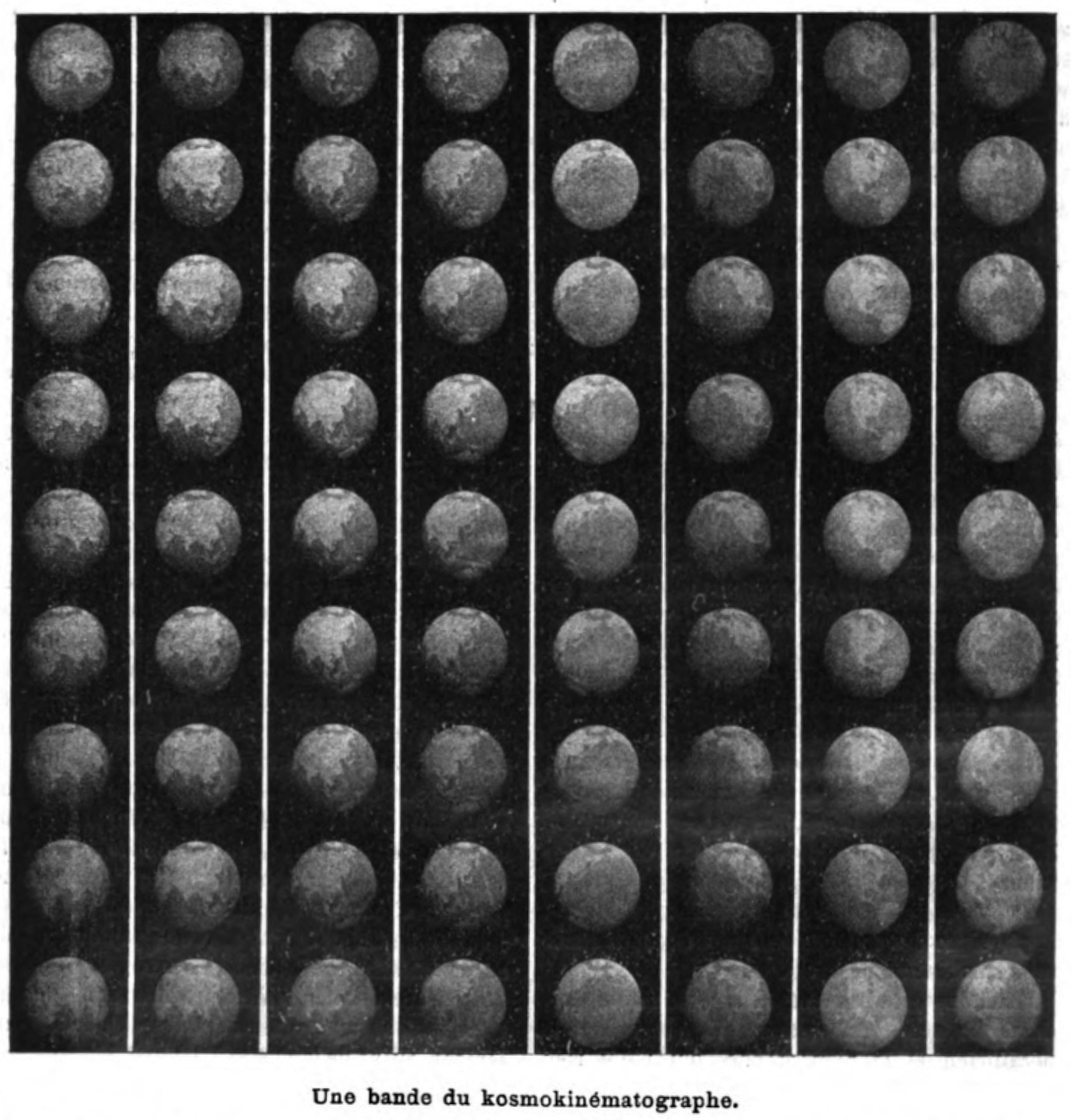 Engraving showing a grid of seventy-two photographs of a model of Earth rotating five degrees in each frame.