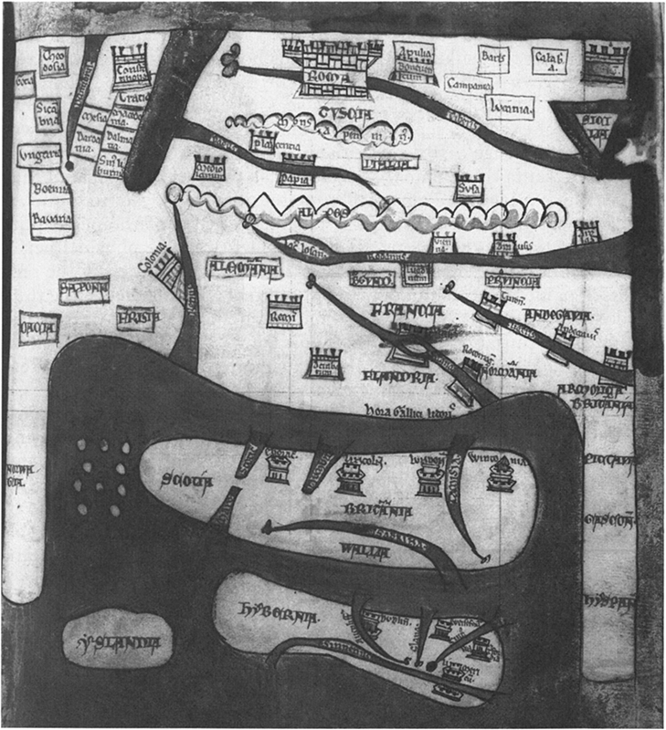 A map of Europe by Gerald Wales. It indicates Rome, Constantinople, and the British Isles with the rivers Thames.