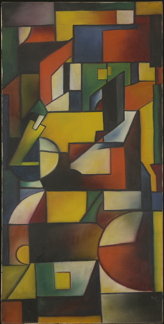 The exhibit features an abstract painting composed of shades of blue, red, green, and black. The painting is square and has curvy elements.