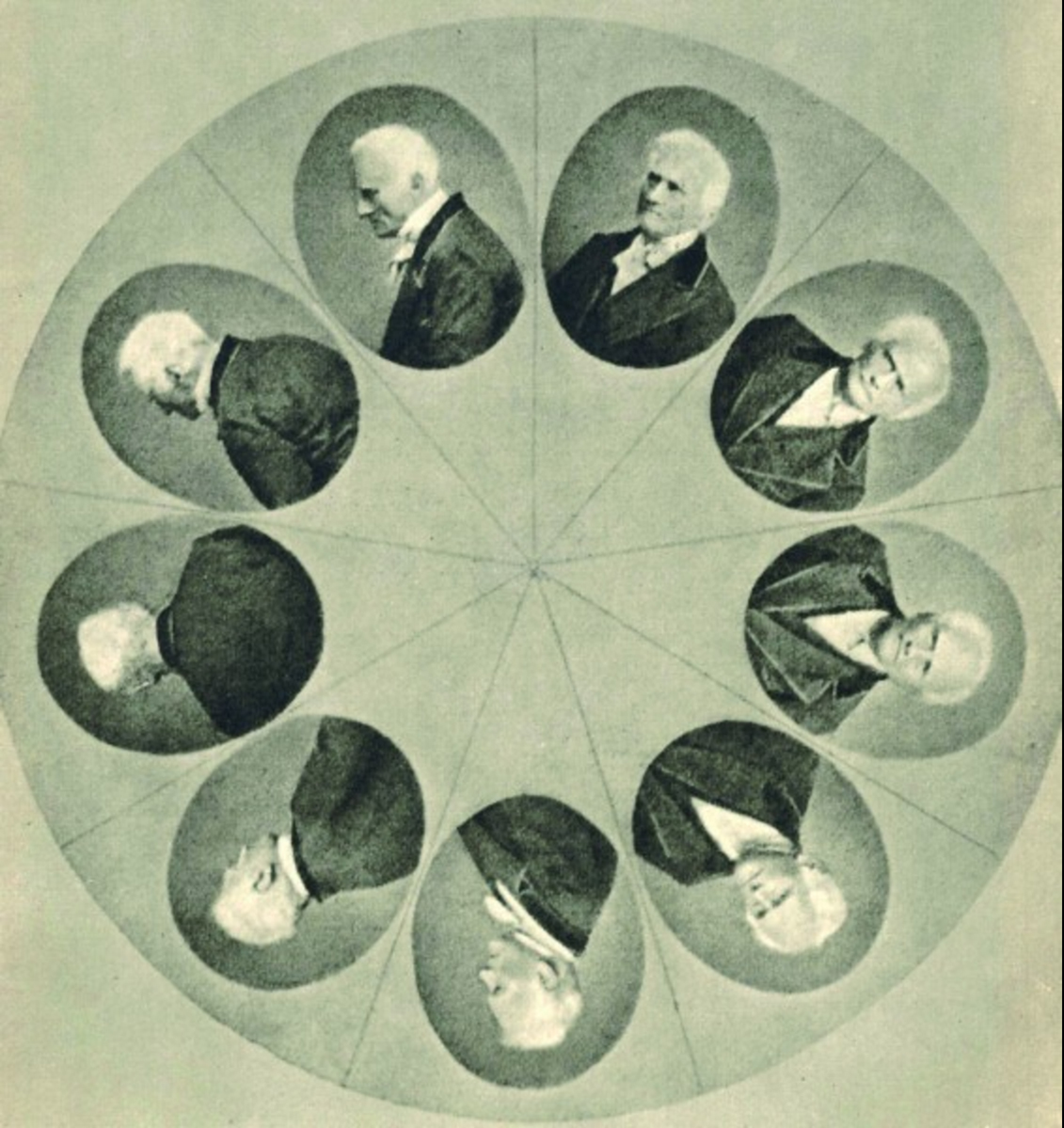 Engraving of photographic disk with nine oval self-portraits showing the subject (scientist Purkinje) rotating forty degrees in each frame.