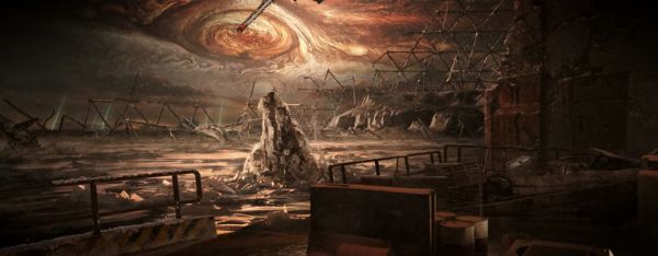 Still of a ruined earth landscape with Jupiter’s giant storm clearly visible in the atmostphere.