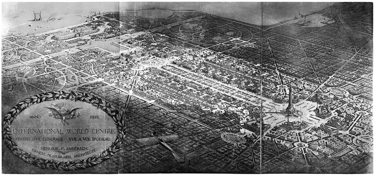 Perspectival drawing of a bird’s eye view of a city with diagonal boulevards and a central avenue that leads to a tower on the lower right corner.