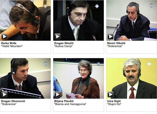 A three by two grid showing six different people testifying in a courtroom.