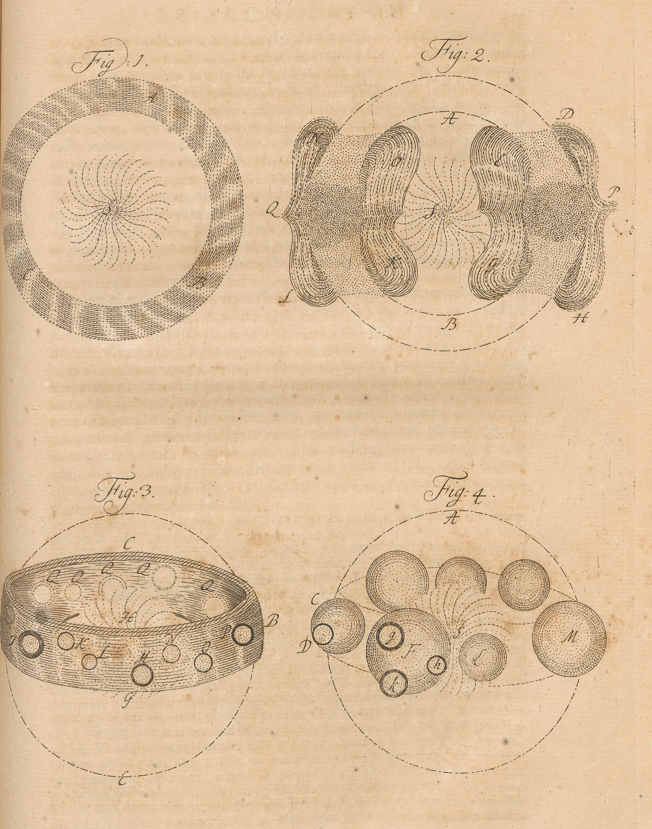 Engraving of the formation of the solar system in four images showing a solid ring around the Sun breaking up into individual planets.