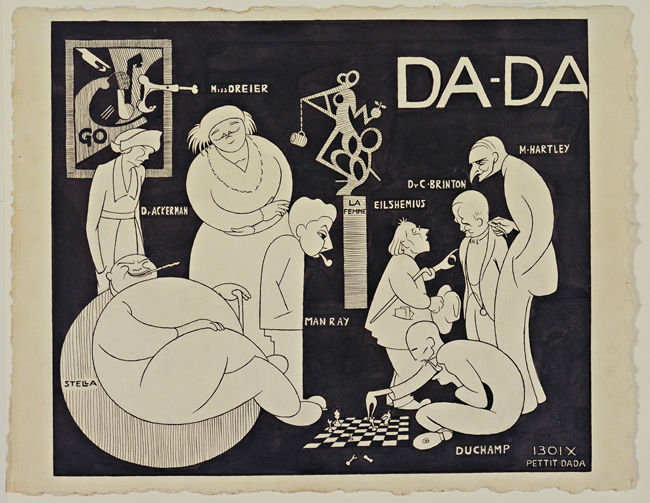 The exhibit portrays a scene with eight individuals.